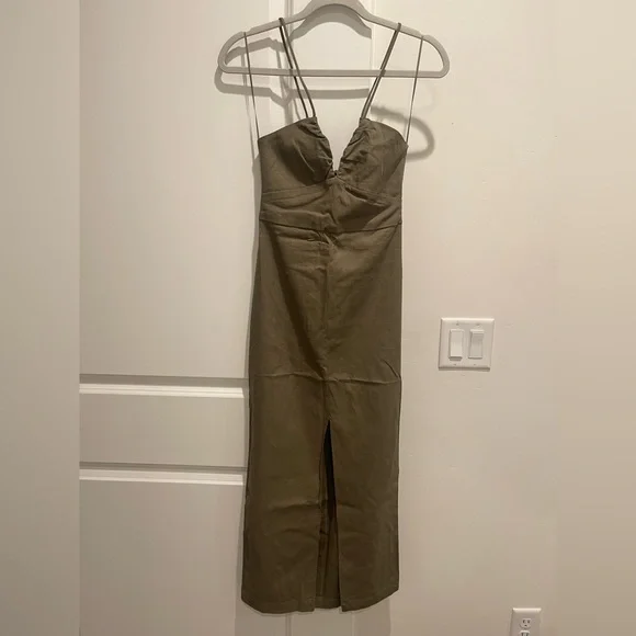 Zara Olive Green Linen Dress Strappy - Picture 7 of 10